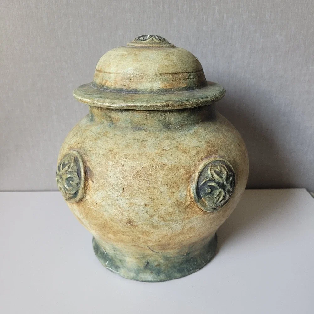 Vintage Rustic Ceramic Cookie Jar Large Green Tan Pottery Canister Crock Lid